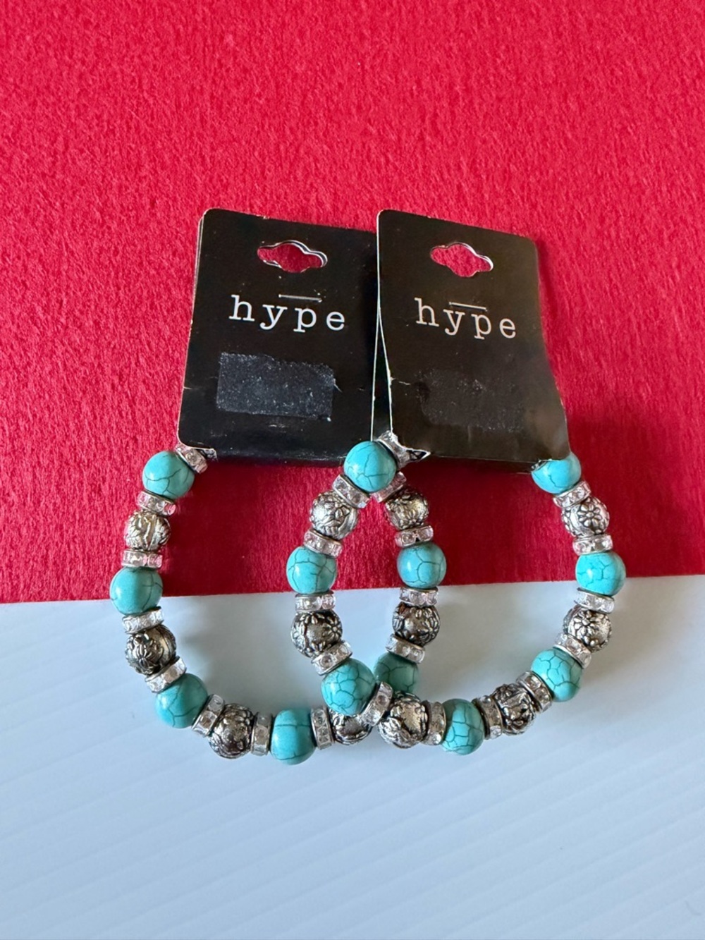 Hype Turquoise Beaded, silver tone & rhinestone stretch bracelet